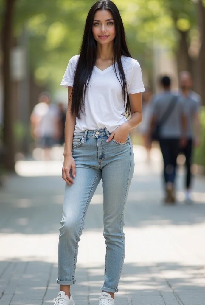 A young female football player with a very beautiful face, fair and smooth skin, a golden ratio figure, wearing a fitted short sleeved T-shirt, ironless bell bottoms, ankle coverage, slim waist, wide hips, hourglass figure, beige socks, white low heeled leather shoes, standing on the roadside in the park with her legs spread apart, the ground in front of her feet wide, and her hands on her hips. Black wavy hair, smiling, looking at you affectionately. Realistic, 8K,