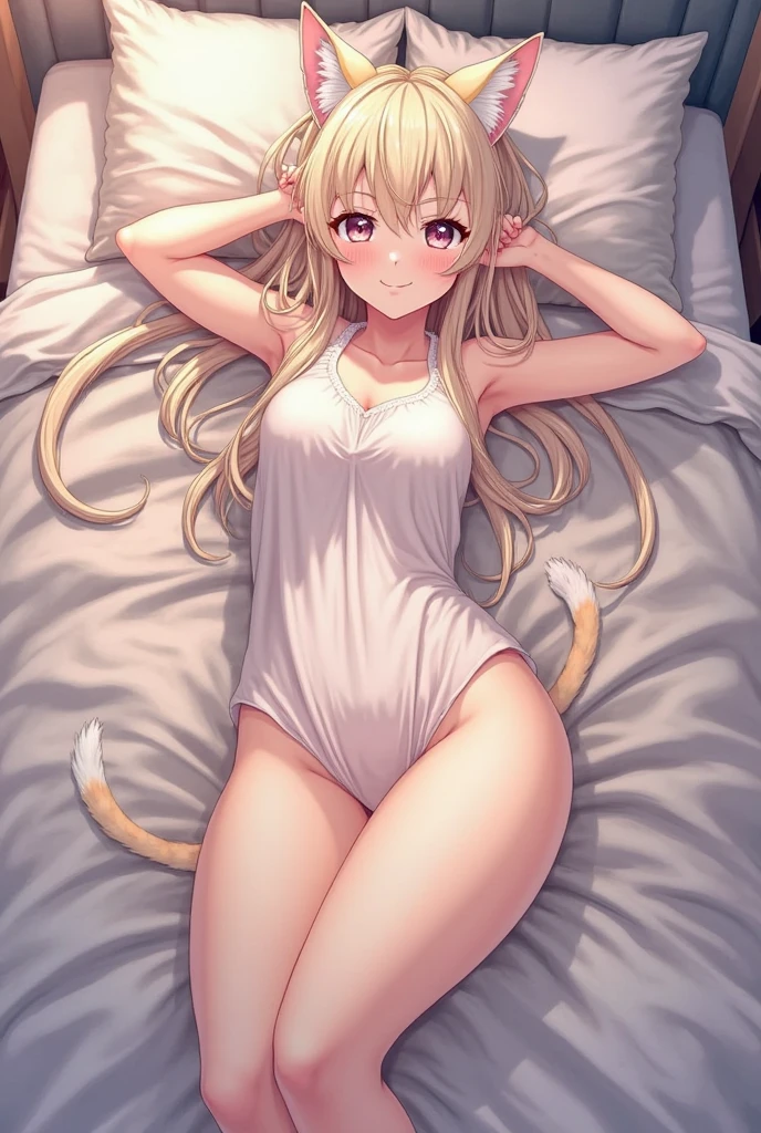 Furry cat,Yellow-fur,Loli body,Orange eyes,Yellow hair,In the daytime,Glowing hair,Wearing white panties,Wearing white underwear,A shy look,Lying in bed,