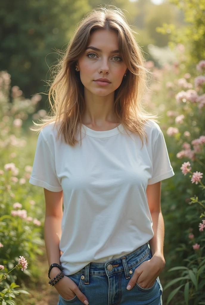 Realistic photo portrait of a pretty 18-year-old Caucasian woman with short light-brown hair and small perky breasts. She is in a sunny park, wearing a tight white spandex t-shirt, with no bra. Her nipples are visible through the thin material.
