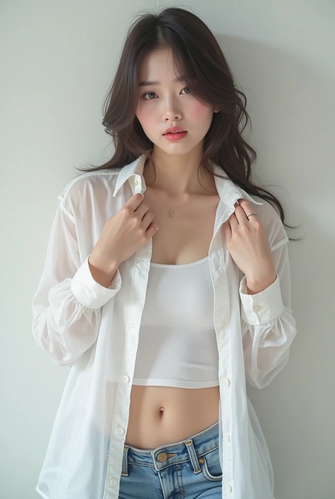 ((Highest quality, 8K, masterpiece :1.3)), Sharp focus :1.2, Beautiful woman with perfect figure :1.4, 1 Girl,Slim Abs :1.2, ((Dark brown hair,chest :1.2)), (White long formal shirt)(Unbutton your shirt.), Gray background:1.2, Highly detailed face and skin texture, fine grain, double eyelid,Beautiful Hands,Five Fingers,Fashion model posing,Full body portrait,Cowboy Shot,jeans,Cast a Shadow,