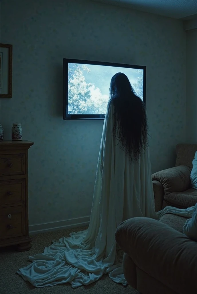 A woman with a hot figure, Long black hair covers the face, Full breasts, Wear a white transparent tunic, darkened room, Snowflakes flickering from the TV, Climb out slowly, Reach out and grab the lens