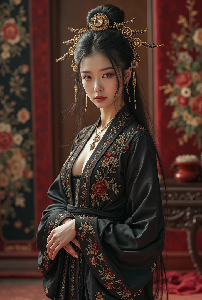An extremely beautiful queen, Atmospheric makeup,Delicate facial features,Majesty,Daytime room, Tang style, the queen in black gold Tang suit on the throne, Tang suit Hanfu, sitting on a dragon chair, Full body photo, huge ancient Chinese palace background, Rich background,Oil painting style, beautiful shape, 32K, halo, 3d, Blind box toy style, Cinematic lighting, god rays, Best quality, Ultra High Definition ,Reality blockbusters,Super Hi-Res