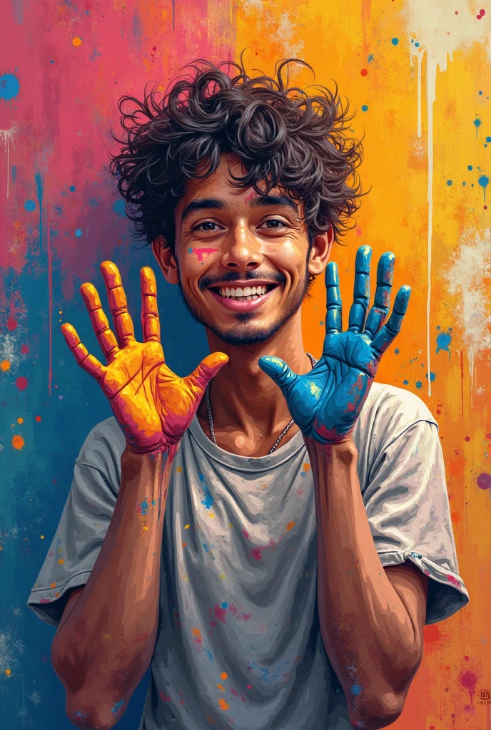 Happy man with lots of numbers on his body