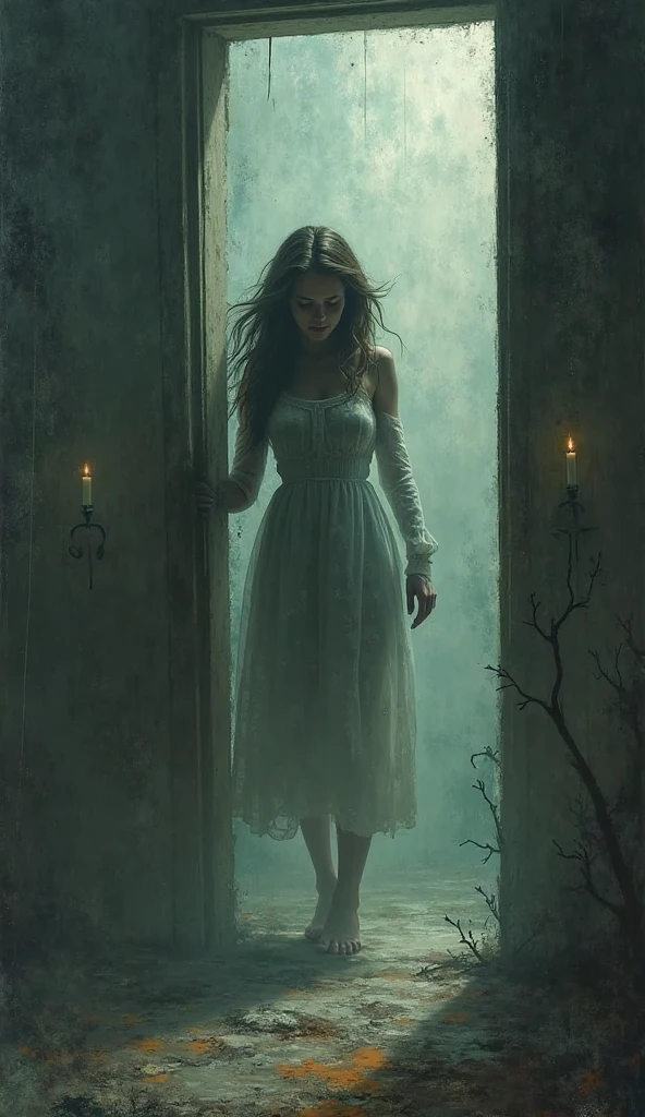 (a ghostly, ethereal, ethereal:1.ung woman with (long, floor-length) (translucent, flowing) attire, resembling a cloak. She has (very long, flowing, cascading) hair that adds to her ghostly appearance. Her face is (gaunt, pale, ghostly), with a touch of (sorrow, mystery). The atmosphere around her is (gloomy, haunting), filled with (darkness, shadows). The setting is (dimly lit, candlelit), adding to the overall (obscurity, mysteriousness). In the background, there is a (sarcophagus, tomb, cemetery), partially (exposed, open). The scene exudes an eerie ambiance, with a hint of (nsfw, sensual) undertones, as if unveiling secrets from the past.