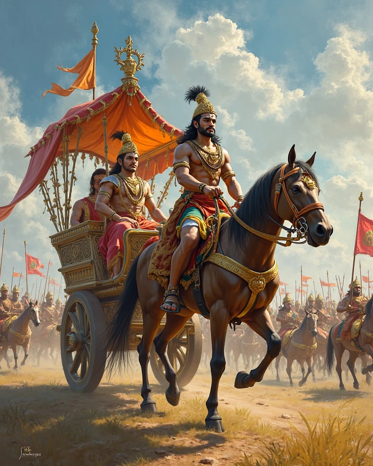 Depict a grand battlefield scene with the Pandava brothers each blowing their conch shells. In the center, show Yudhishthira, the eldest brother, in a richly decorated chariot, blowing the conch named Anantavijaya. His chariot should be adorned with intricate designs and he should exude a sense of regal authority. To the side, illustrate Nakula and Sahadeva, each in their own chariots. Nakula is shown blowing the conch named Sughosha, and Sahadeva is blowing the conch named Manipushpaka. Their chariots should also be ornately decorated, reflecting their individual strengths and roles in the battle. The scene should capture the energy and determination of the Pandava brothers, with a detailed battlefield backdrop including traditional armor, chariots, and banners, emphasizing the significant moment as they prepare for the conflict.