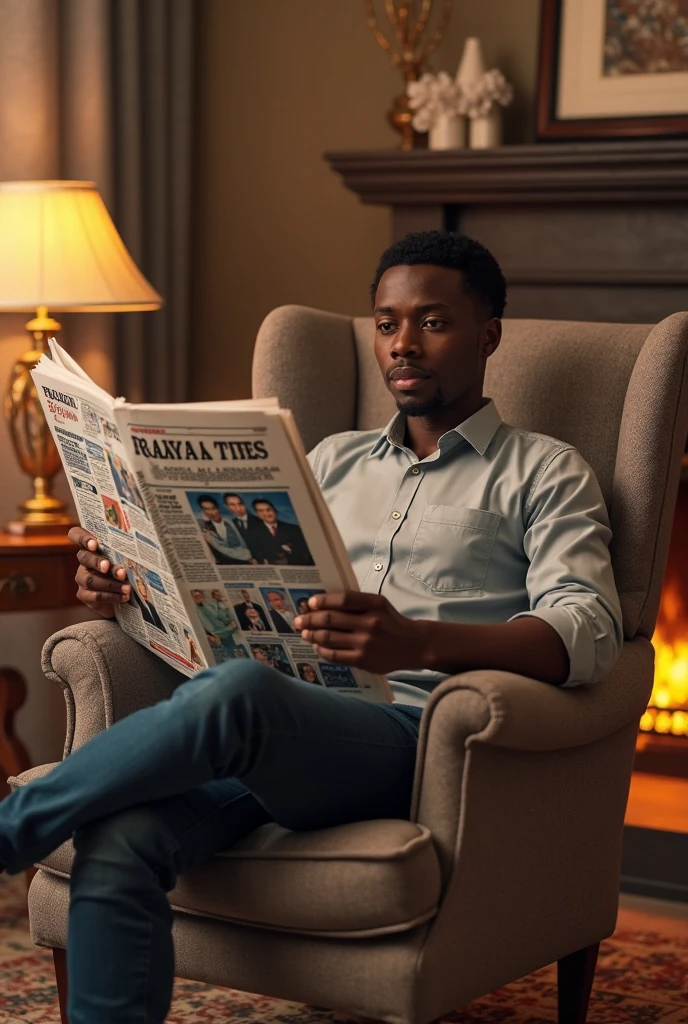 A man seen from behind sitting on a luxurious red sofa in a living room, on the coffee table there is a glass of champagne and a baby bottle with milk. The man is leafing through a catalogue with several babies of different ethnicities listed in ascending order 