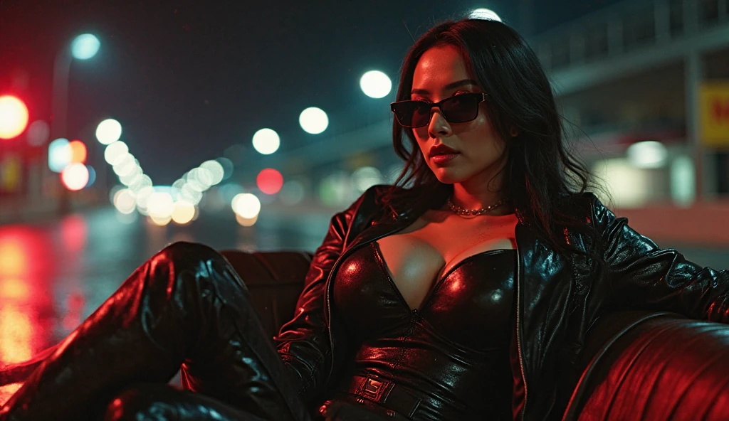 Blade Runner style futuristic Tokyo city, flying cars, neon lights, rainy night. (1girl, solo, alone), large-breast:1.2 slim:0.9 body, oval:0.8 face, cleavage:1.1, sexy laced lingerie, low angle view of miniskirt, jacket, (black micro sunglasses), (holding a short gun), half-body thigh level medium shot, cinematic lighting, ray tracing.