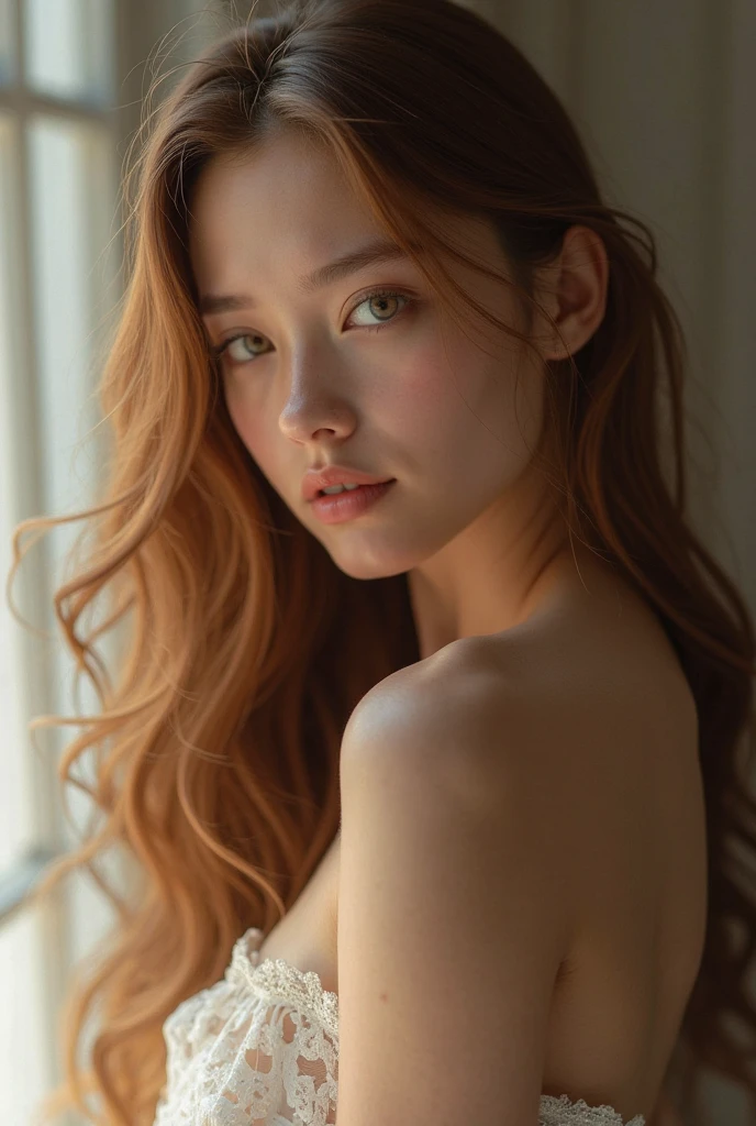 (Best quality, 8k, 32K, Masterpiece, UHD:1.2) ,couverture playboy, Pose a Pretty Curly Redhead ultra hot sexy Phillipines Woman, corps entier, gros seins, cheveux longs,Haut du corps,mise au point sur le visage,oversized_chandail, downblouse, mineur, sinple background, Regarder lovely le spectateur, cheveux longs, backlight, full waist up , upper knees pose , damp , cleavage