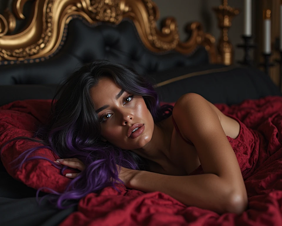 create an illustrative scenario Image A young woman with straight and loose hair, metade roxo e metade preto em um quarto luxuoso, filled with modern decor and expensive equipment. She is lying on a king-size bed with silk sheets, cercada por almofadas. The room is softly lit by colorful LED lights.. She is using a smartphone, with multiple social media notifications visible. No fundo, there is a dressing table full of beauty products and accessories.8K uhd, alta qualidade, volumetric light, foto, high resolution, 4k, 8K,