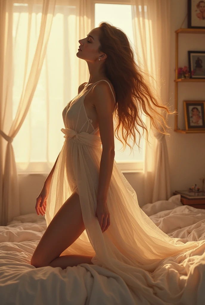  realistic beautiful woman on bed in short silk nightgown in front of window, dynamic pose, light in camera, wind, silk curtains, deep neckline, no bra, tits, nipples throw material, window behind full of light, shadowed eyes