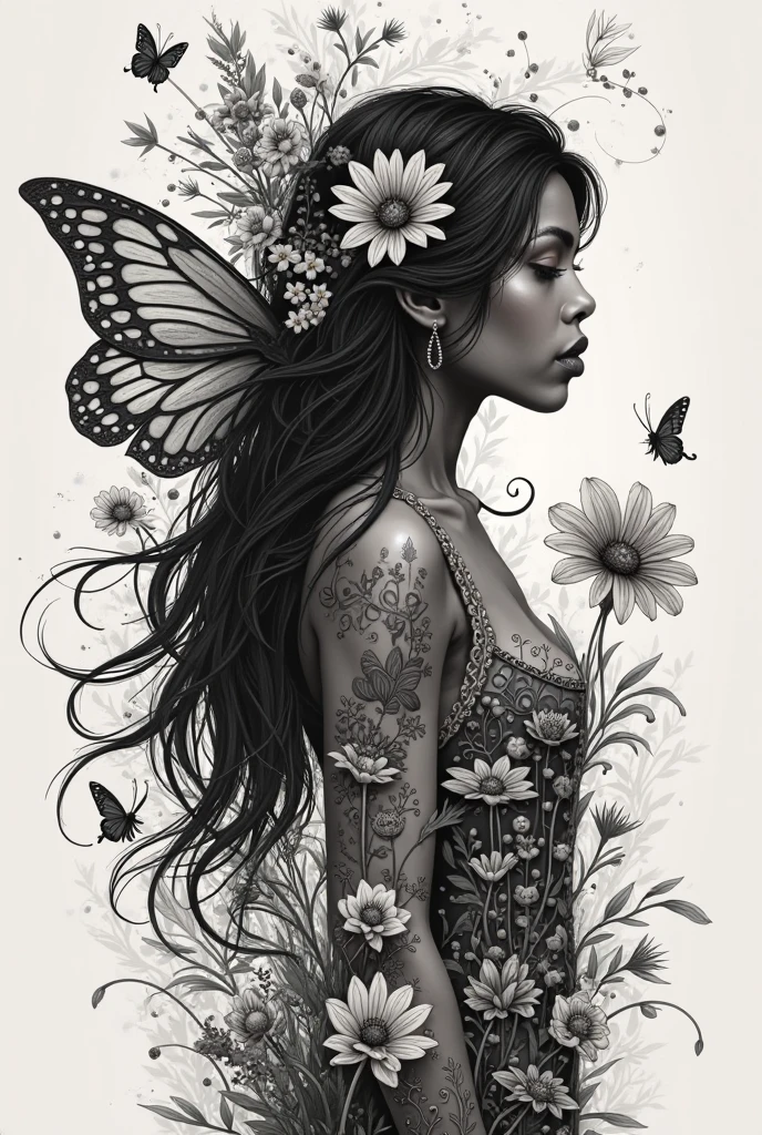 Black and white image of a woman surrounded by flowers, mushrooms and butterflies, This woman does not have defined features, She is naked but her parts are not visible, not realistic, the design with a tribal gothic style, It's for a tattoo , that is not realistic a more lively style not thin, curvilenea