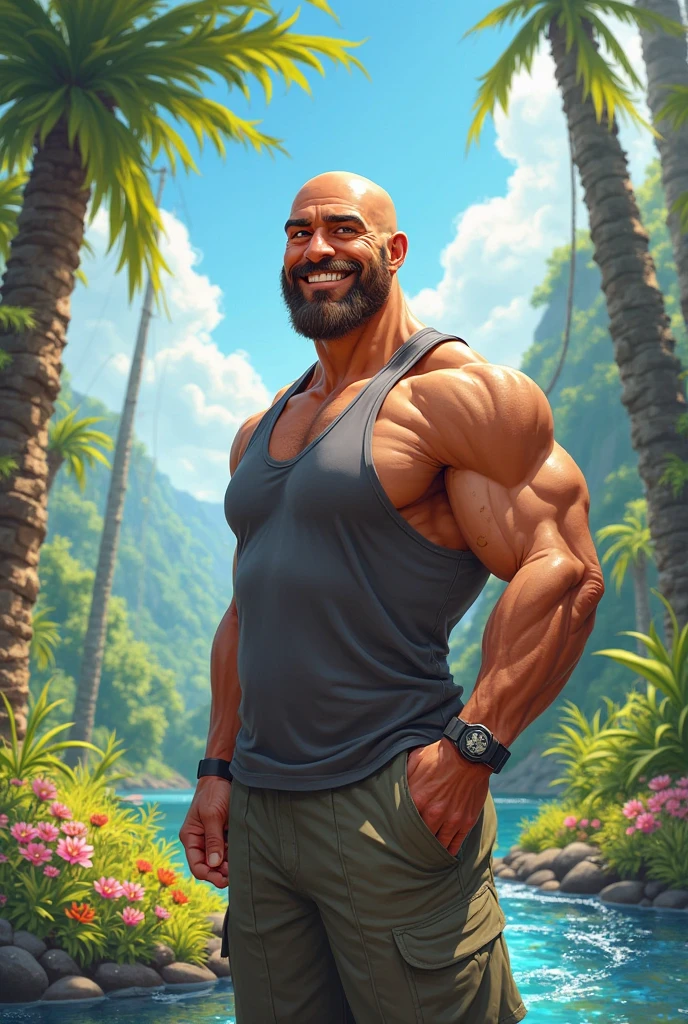 Comic drawing of a muscular (african man:1.2), medium shot, short pants, bald, beard, (dark skin:1.2), summer day, happy, lake background, sexy, lewd, epic, cinematic, sharp, details, HD, HDR, 8K, best quality, best resolution, maximalist, masterpiece, rough lines, by pencil and ink, crosshatching, colorful