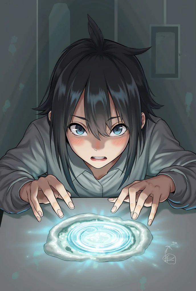 anime girl black blob short hair wearing gold glasses and cream sweater color and black legging getting possession in the mouth and undersweater struggling on floor and getting takeovercontrol by spirit