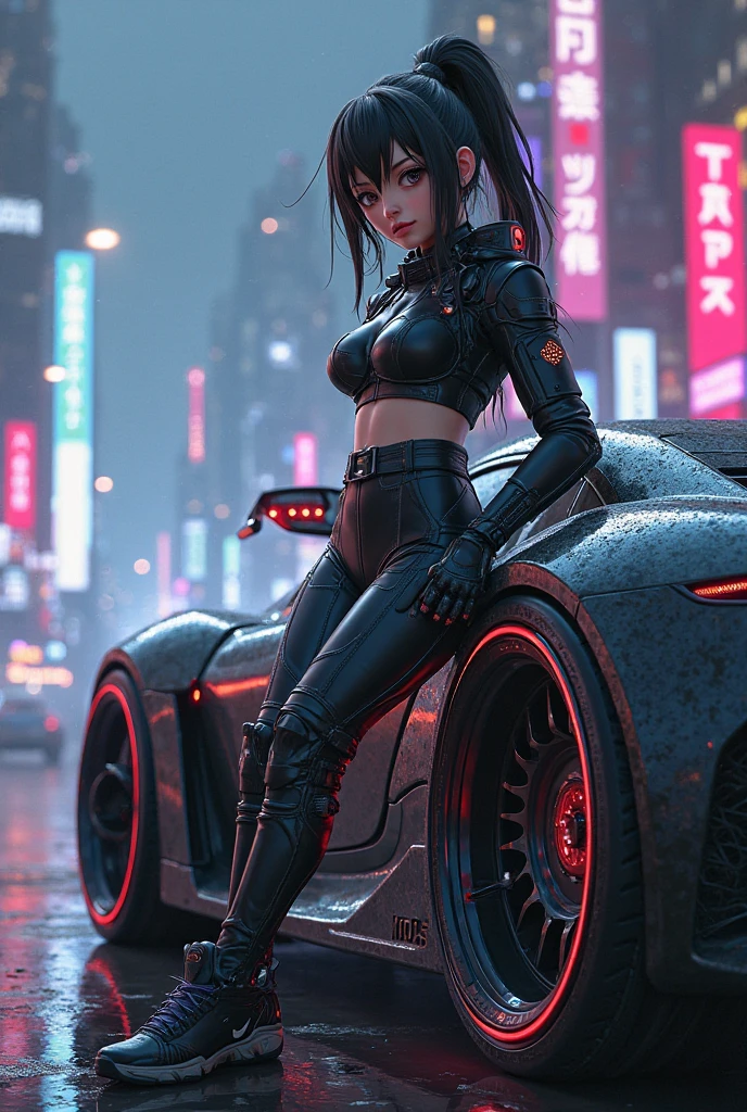 Best Quality)), ((Masterpiece)), (Very Detailed:1.3), 3D, Beautiful (Cyberpunk:1.3)), 1 girl, full body, ponytail white hairstyle, big breast, slender body, slender hips, big breasts, Lying Down with Hands Behind the Head , bottom angles, from below, wearing full ((heavy cyberpunk armor)) with neon trim, (head-mounted displays), fiber optic cables, company logos, science fiction, Night Cyberpunk city background, Gantz, In the Style of Cyberpunk 2077, Ultra realistic photo, masterpiece, best quality, CG, wallpaper, HDR, high quality, high-definition, extremely detailed, {beautiful detailed face}, {beautiful detailed eyes}, (detailed light){{intricate detail}}, {highres}, ((detailed face)), neon light, chiaroscuro, key visual, intricate detail, highly detailed, breathtaking, vibrant, cinematic, low ISO, white balance, rule of thirds, wide aperture, 8K RAW, efficient sub-pixels, subpixel convolution, luminous particles,