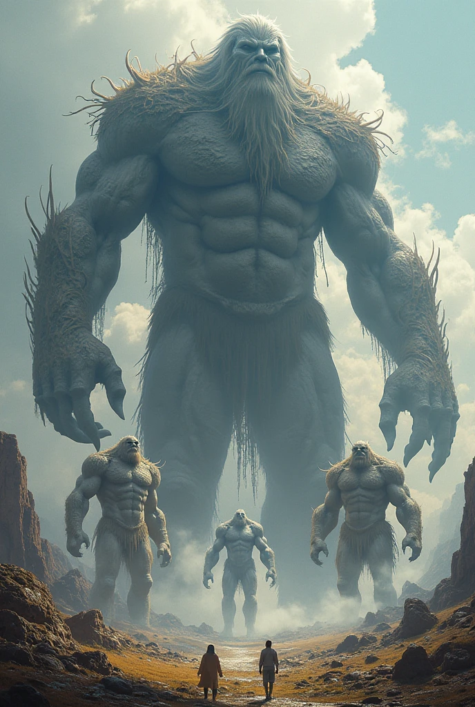 Image of giants walking on Earth, with shadows and enigmatic figures in the background