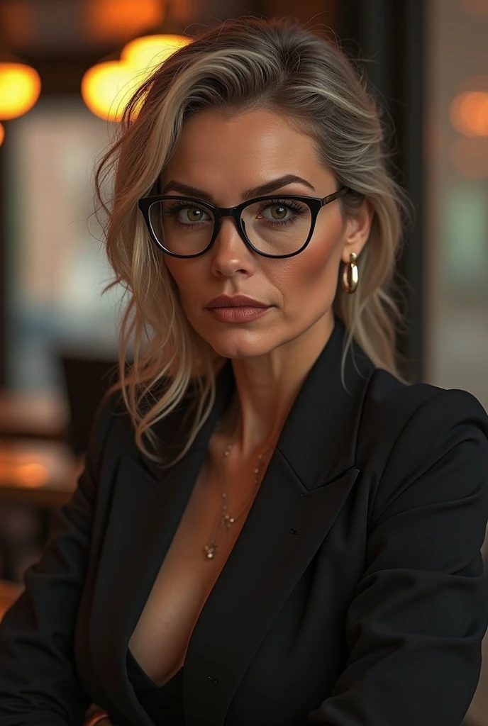 Gorgeous european woman with very her hair in a tight bun, wet hair, hair slicked back, combed straight back, slick hair, silver hair, glasses, wearing an office blouse, cleavage, solid dark grey background
