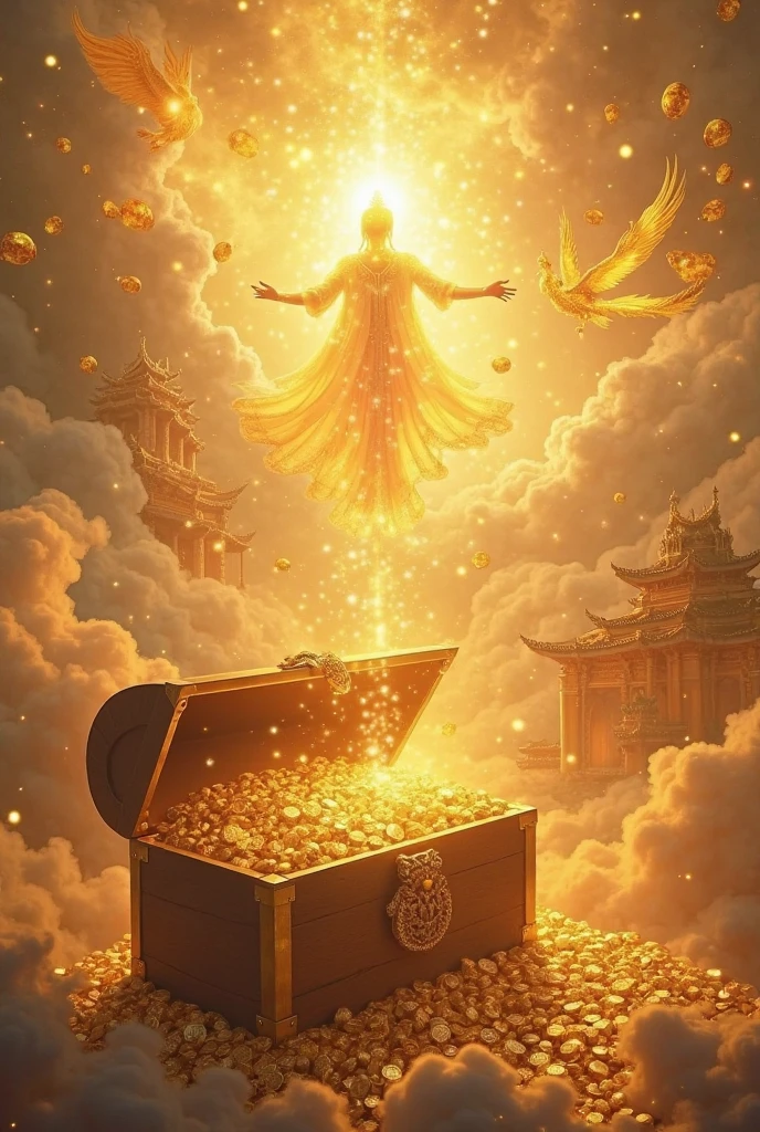 (best quality,4K,8K,high resolution,masterpiece:1.2),Extremely detailed,(Practical,photoPractical,photo-Practical:1.37), Human Development Report, Shiny gold, sparkling的, Gorgeous, Gorgeous, Magnificent, Luxurious, Golden reflection, exquisite craft, Intricate details, shining, sparkling, luxury, Dazzling diamonds, extravagant, Fascinating, Golden Halo, wealth满溢, Rich, Prosperity, rich, abundant, wealth, Prosperity, Rich, luck, magic, wizard, enchanting, Fascinating, Charm, charming, powerful, dominate, mystery, Tempting, Hypnosis, Fascinating, Dynamic, Full of energy, Charming, charming, leading, Money Rain, activation, lucky charm, wealth bringer, Money magnet, Treasure, Rich generator, wealth之王, leading figure, magic powers, Golden Light, mystery atmosphere.Classical Gold God of Wealth,Dressed in gorgeous dragon robes,Holding a gold ingot,Stepping on the auspicious clouds,身后是Magnificent的宫殿,Surrounded by gold and silver treasures,Meaning of wealth and good fortune,The picture is bright and eye-catching。