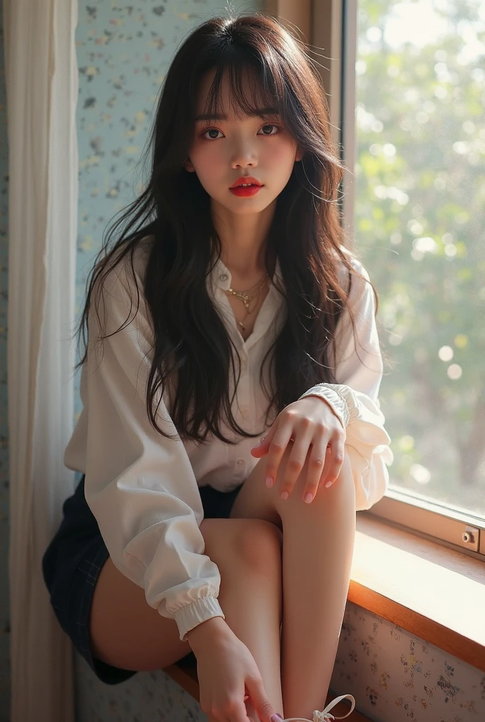1girl, aodai white, photo art, (flower), a stunning photo with beautiful saturation, ultra high res,(realistic:1.4)),deep shadow,(best quality, masterpiece), pale skin, dimly lit, shade, flustered, blush, highly detailed, skinny, BREAK depth of field, film grain, wrinkled skin, looking at viewer, knee, warm smile, (upper body) masterpiece,ultra realistic,32k,extremely detailed CG unity 8k wallpaper, best quality