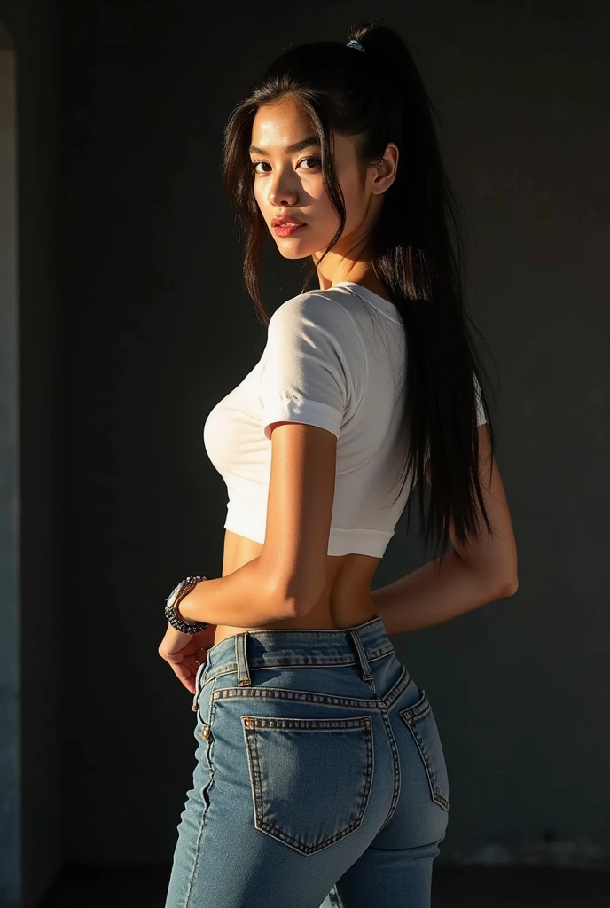 8K, Top Quality, Intricate Details, Ultra Detail, Ultra High Resolution, Masterpiece, random angle,  Slender, Smile, (Makeup: 0.4), (Fluffy Blue Eyes: 1.21), blue Eyes,, ((full body)), 1girl, solo, 1 girl, (( full body)),  close-up shot, arm up, armpit , ((tall)), (((fit body))), (((slim face))), sharp face, sharp eyes, (((black hair, long hair, ))  (detailed face), sharp face, small lips, thin lips, tits ,
 (( denim)),  detailed face, detailed breast, , large breast, detail, , Beautiful girl with accentuated slender abs: 1.4, Six Pack Abs: 1.4, Bust Botox, Big, Perfect Body, detail leg, (( moonlight)), top of mountain