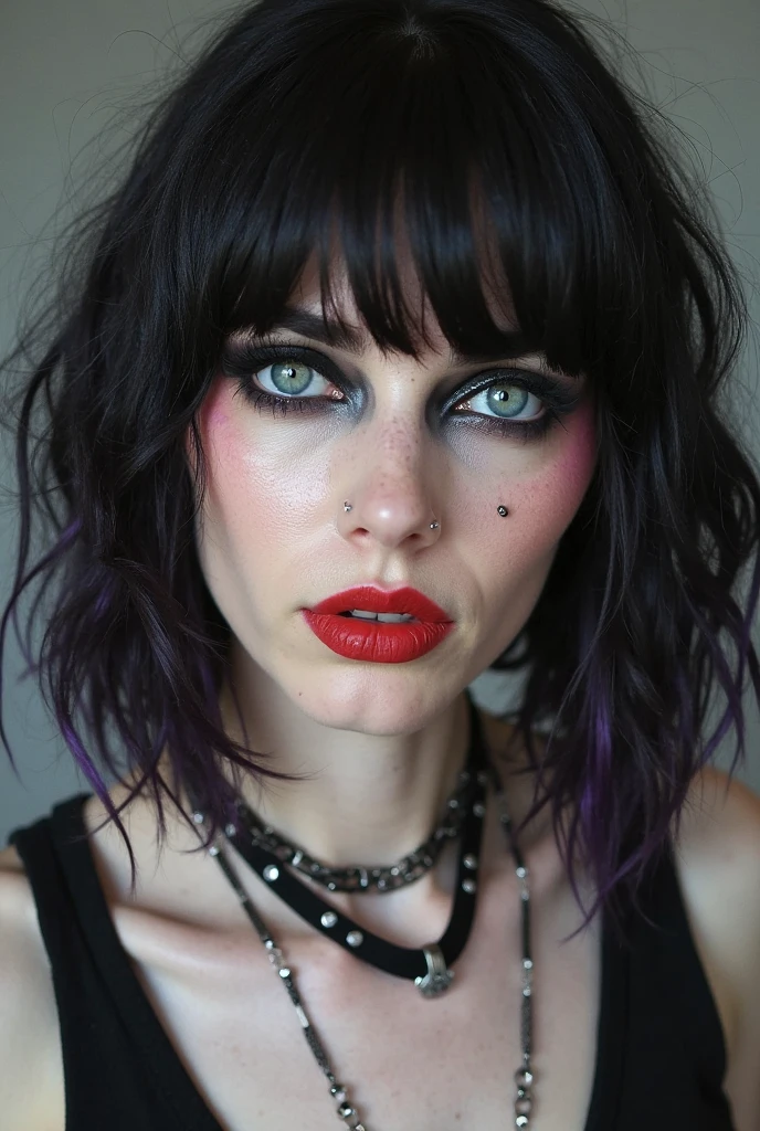 (best quality, hyperdetailed photography:1.2), beautiful lady, freckles, dark makeup, soft light, head and breast portrait, cover, (detailed beautiful face, detail skin texture, ultra-detailed body:1.1) ,((massive perfect breast)), ((snoopy breast:1.1)),((apocalyptic warrior:1.0)), strong body, red black hair, dark yellow eyes,,,,long open black coat, night, rain, thunder storm,