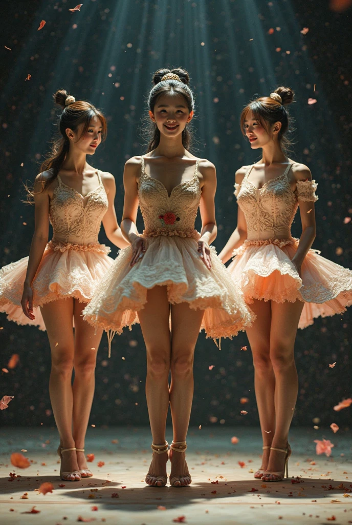 SFW, ExtremelyDetailed (((Kawaii Ballet Girls Group in a row:1.37))), Childish perfect face, Reflective Eyes, Detailed(Delicate Clothing textures), Corrected Leg Line, Corrected Childish Hand, Correct limbs, Dynamic Joyful Expressions LifeLike Rendering, ((Specular Reflection:0.8)), TopQuality 8K Ultra-detailed masterpiece (ProfessionalPhoto:1.37)(Acutance:0.8),(Luminism:1.28), Light particles, (Muscle:-0.5), facing away (from side ) (Clearly visible Beautiful hip shape)