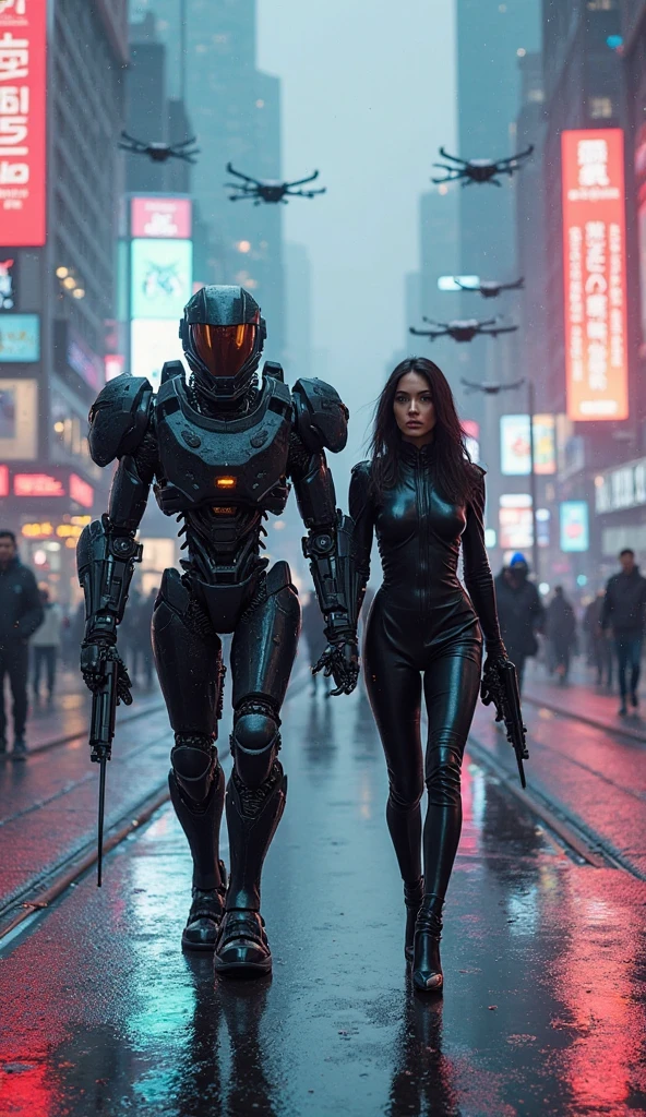 Here is a short story that focuses on the relationship between female and male cyborgs:

In a dystopian, neon-lit metropolis of the future, Amanda, a metal-framed cyborg beneath her skin, wandered the streets in search of her destiny. Her mechanical limbs glittered under the lights of the city's signage, giving her a menacing yet mesmerizing appearance. 

One day she met Max, a cyborg like herself, with eyes skillfully embedded in his cybernetic face. A dialog ensued between them, full of distrust and wariness inherent in their artificial natures. But gradually, under the influence of an inevitable attraction, they began to blur the boundaries between the human and the mechanical, realizing that their relationship could become something more.

Going through endless trials and obstacles, prepared for them by the world, where technology dominated over nature, Amanda and Max learned to trust each other, discovering new facets of themselves, inaccessible to ordinary people. Their union grew stronger and stronger, as if they were two halves of the same whole, perfectly complementing each other.

Together they challenged the cruel reality, in which the mechanical outnumbered the organic, and believed that their love could overcome any obstacles erected by this cold, ruthless world.