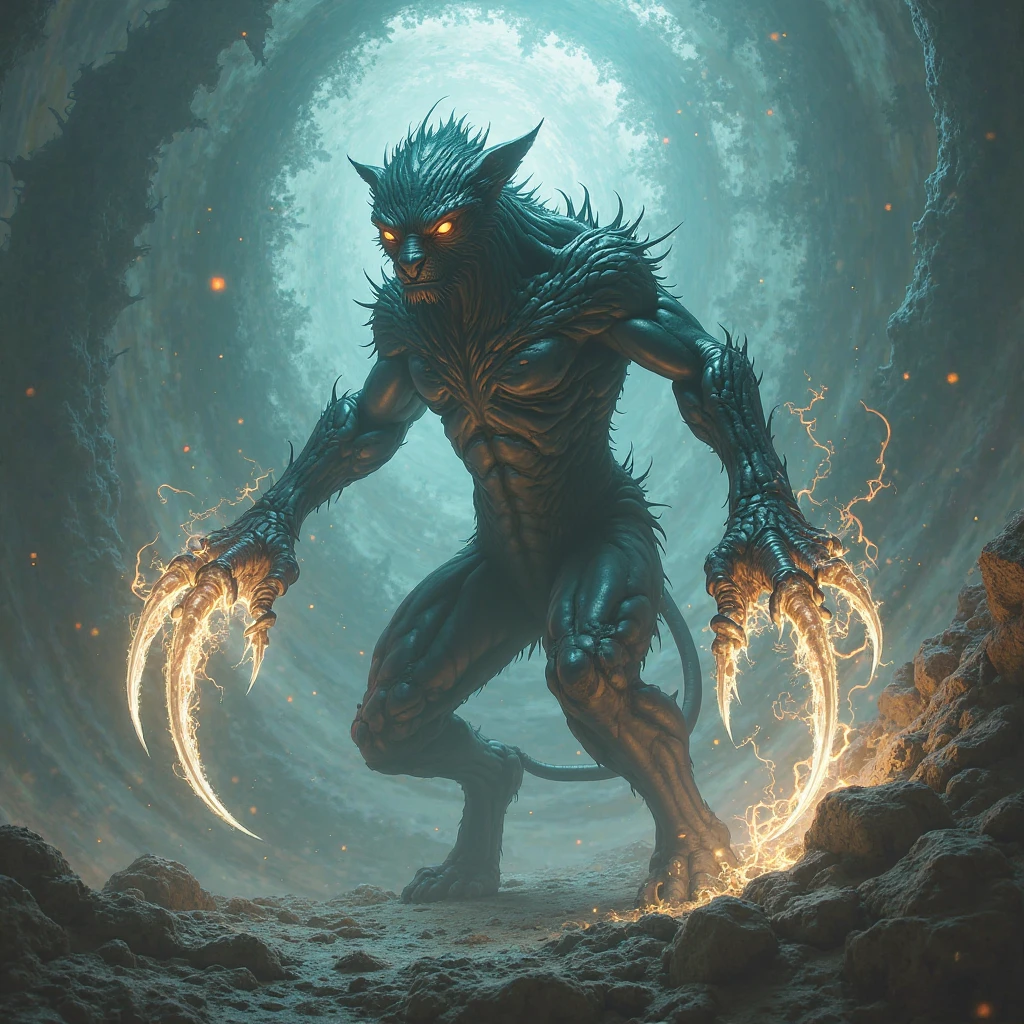Look down from top to bottom,A painting of a monster,The five fingers of the palm spread out to reveal the crystal in the hand, Black and red dark tones,snake tongue,Two eyes,dark high-contrast concept art, dark concept art, a minotaur wolf, an anthro wolf, beastman concept, creepy explorer sketch, anthro concept art, old sketch, dark fantasy concept art, anthro art, demon-fang gnoll,The background is caves