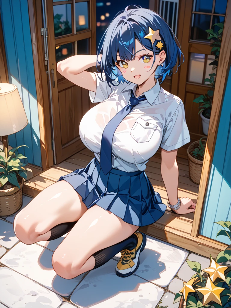 ((masterpiece, the best)), (1 girl), (mature woman),  trumpet, ((office lady), Bangs, Medium chest, (full), Slim, Smile, [wide hips], office, permanent, Aru \ (blue file), no shirt