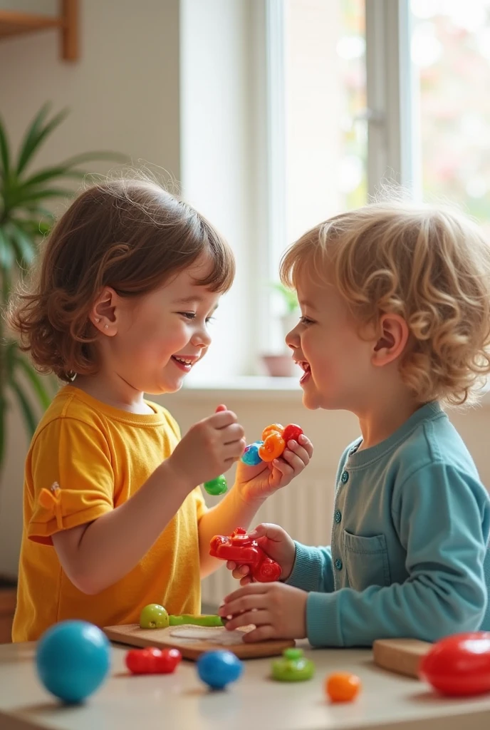 Two little boys playing with toys in a playroom, Getting closer to each other, Sonriendo el uno al otro, looking at each other mindlessly, they are close to each other, chicos lindos, Shutterstock, Diferentes etnias, unos es de raza blanca el otro es de raza negra, abcdefghijklmnopqrstuvwxyz, Imagen de archivo, uno frente al otro, Material de archivo, Diversas edades