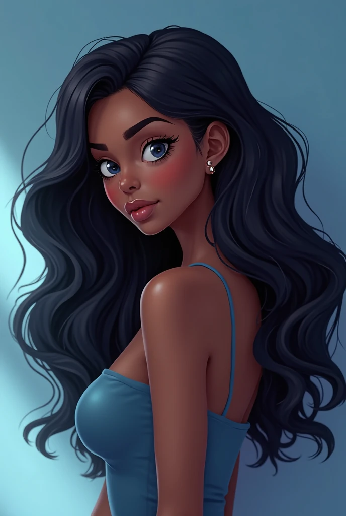 woman with curly hair and black hair , long hair, thick and pink lips, dark shaped eyes, broad face, gamer woman, styled, Disney movies