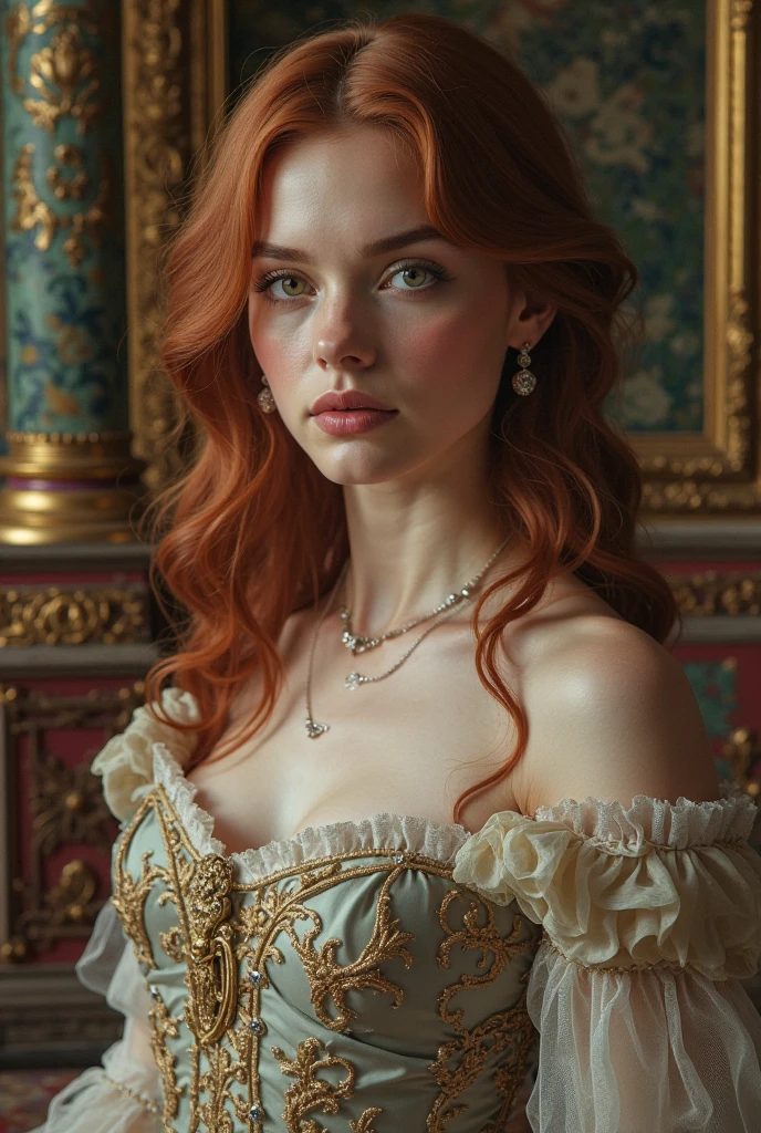 A seductive temptress with porcelain skin and blood-red lips, framed by the opulent trappings of a Victorian parlor. Inspired by Pre-Raphaelite art, her form is ethereal and romantic, with flowing locks and delicate features that evoke the beauty of a bygone era. smiling, large breast, sitting in a Victorian Parlor