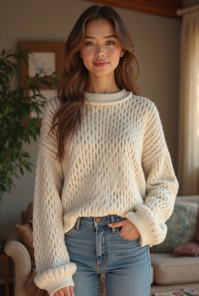 Woman with curly brown hair white sweater and jeans going home