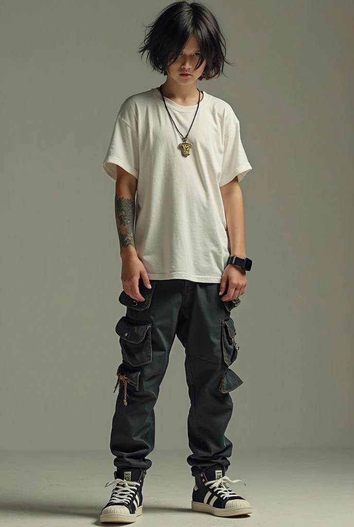 Realistic photo of a Korean male kpop singer, jungkook BTS, 24 years, pale face, beautiful face, Muscular and strong body, neck length hair light brown wavy, wearing men's crop top , wearing a black cap with a bandana, wearing baggy black hip hop jeans with rips showing underwear, white background , standing, fully body, posing for photo shoot, doing poses