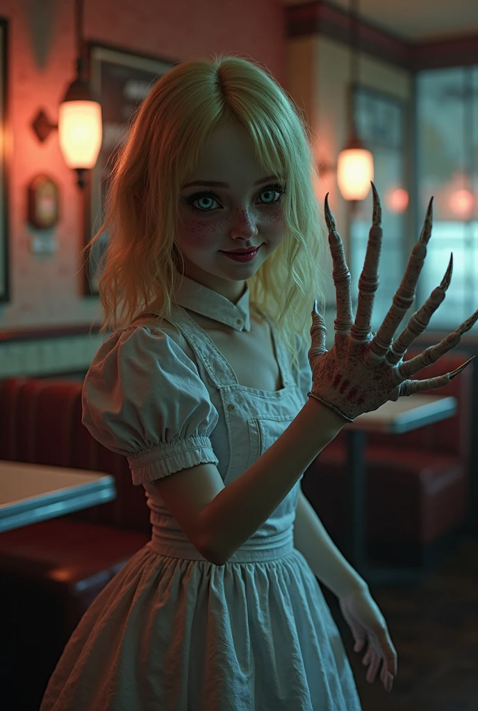 A zombie nurse female, holding a plush toy in left hand, in a children's playground, (best quality,4k,8k,highres,masterpiece:1.2),ultra-detailed,(realistic,photorealistic,photo-realistic:1.37),beautiful detailed eyes,beautiful detailed lips,extremely detailed eyes and face,longeyelashes,zombie nurse woman,children's playground,plush toy in hand,cinematic lighting,moody atmosphere,horror,gore
