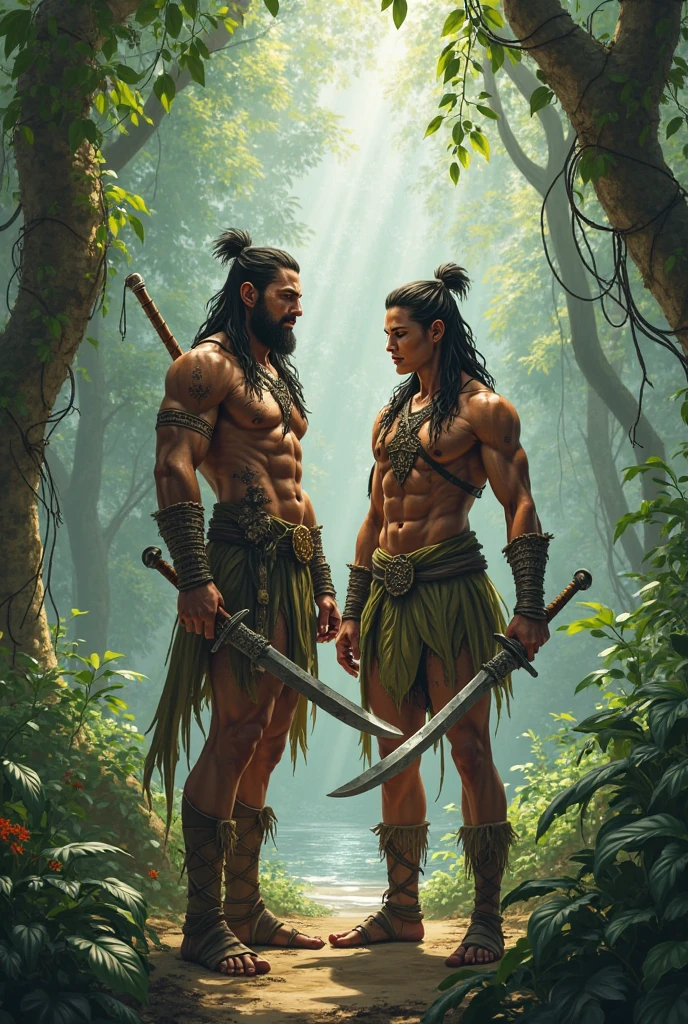 Rama and Lakshman in the Forest: Show Rama and Lakshman in a dense forest, preparing for their journey to rescue Sita, with their bows and arrows ready.