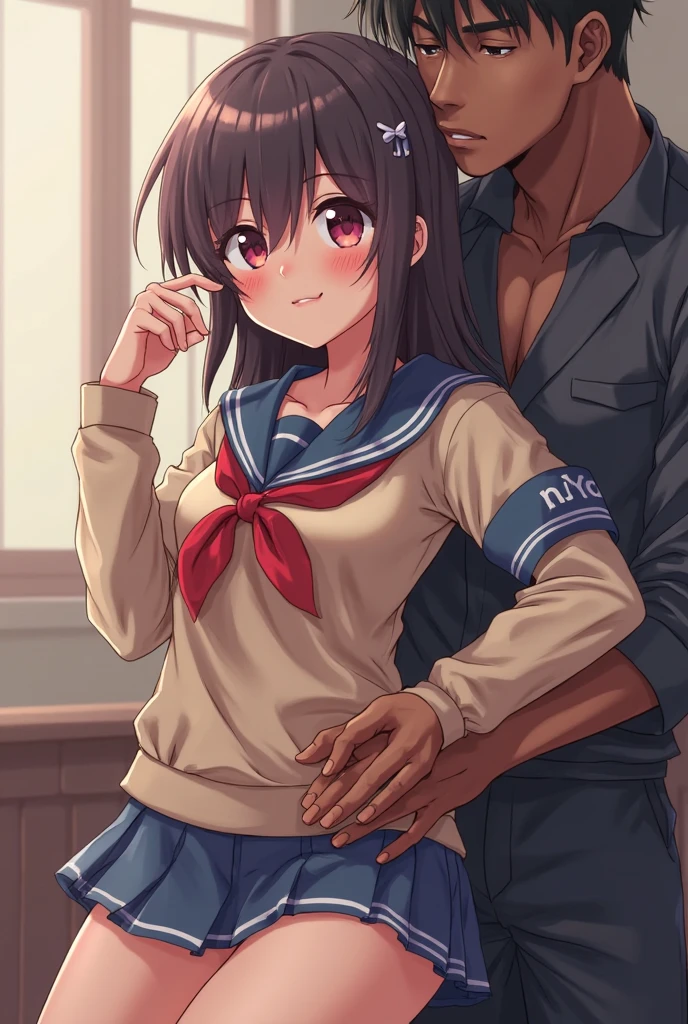 Black bob hair、hairpin、high school girl、Ahegao、、Large Breasts、Soft Breasts、The man behind、((Her breasts are massaged vigorously from behind with both hands:1.5))、Saggy breasts、Grab me、Pale pink nipples、Stand with a dildo in your vagina