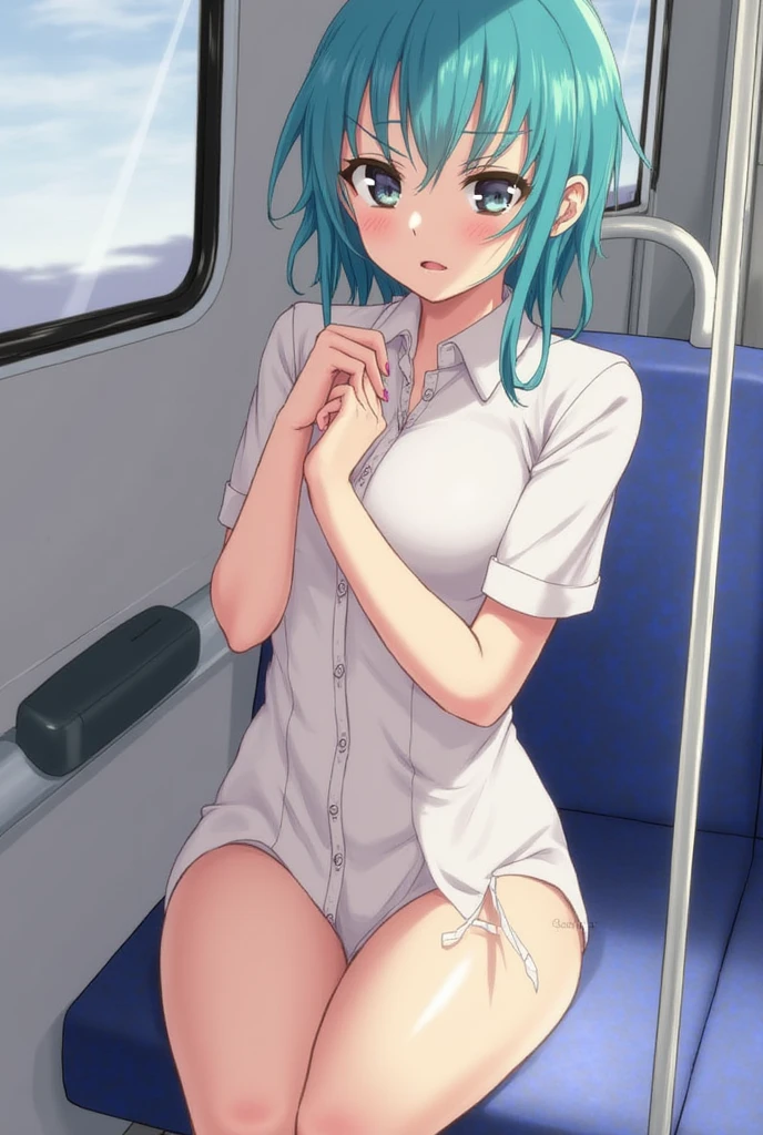 Sexy small virgin girl wearing drenched in sweat sports bra showing beautiful silky steaming sweat armpits and belly, and beautiful groin after doing sit up exercise in the train,((see through sports bra)),nipples,((nipples visible)),((see through)),((spread legs)),cum,semen,sperm,cum on legs,camisole,((masturbation)),(vaginal finger)silver hair,medium breast,