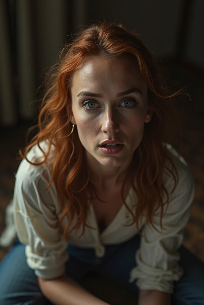 50 year old woman with red hair with disgusted face and red lips