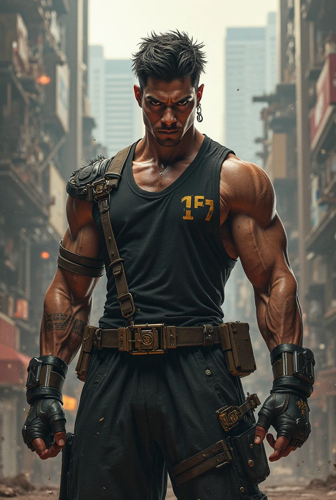 A muscular young rebellious and wild black male werewolf monster (afro) bald and bearded man side by side with a beautiful exuberant and perfect young white woman, blonde haired ariana, very long detective, Policerman, investigator in uniform and armed traveling through a forest at night running courageously together facing the shadow monsters in an incredible hunt against the dangerous monster Wendigo