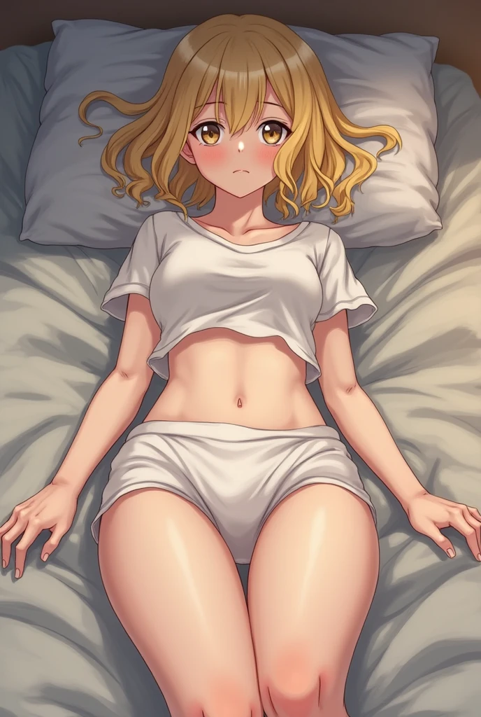 tan skinned anime woman wearing a cami top and jeans, famished in hunger, (necklace), (gently resting hands on stomach), (sweating), (lying down)