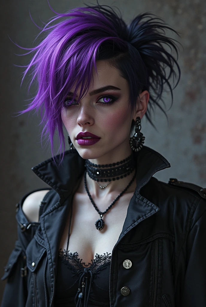 1girl,mowhawk with shaved sides, goth, lingerie, indoors, bright rainbow hair, perfect breasts, black lips, black lipstick