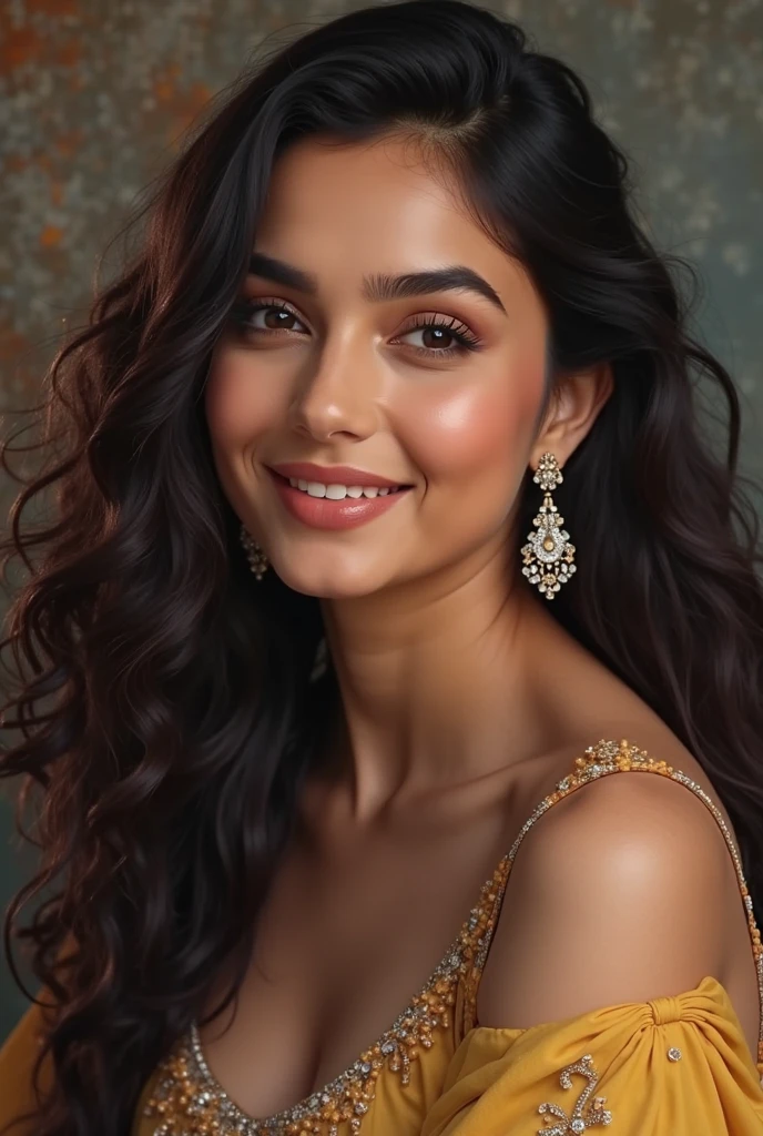a young latina woman, 23 years old, long brown hair, beautiful detailed smile, extremely detailed face and features, mole on cheek, warm soft lighting, cinematic portrait, elegant dress, photorealistic, 8k, high quality, intricate detail, vibrant colors, dramatic lighting