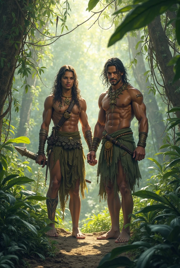 Primitive couple in the forest. The man with strong physique wearing a miniskirt made of leaves and dressed in animal skin, The woman with long hair dressed in animal skin