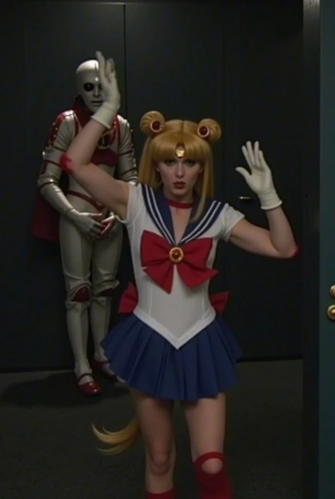 Create Sailor Moon and Dr Doom posing in an elevator with a fisheye filter