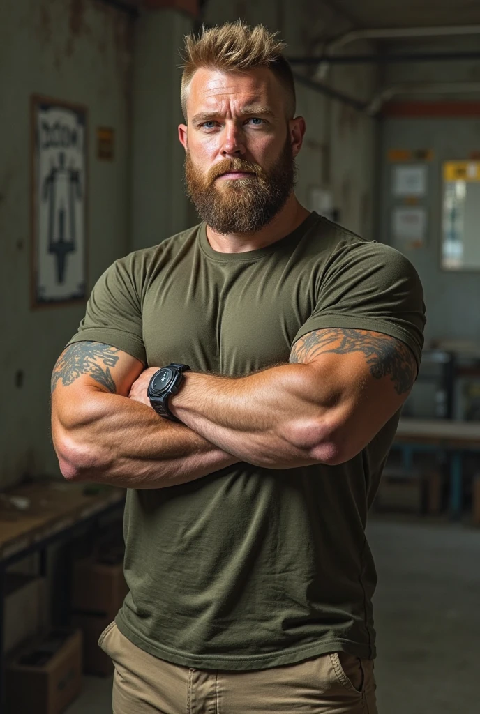 ((best quality)), ((masterpiece)), (detailed),male, perfect face,blonde beard, tattooed, ripped, army officer, showcasing perfect biceps, veins popping, sweaty muscles, Bodybuilder size,perfect sixpack abs, broad strong chest, wearing army camo pants, wearing a unbuttoned camo shirt, showcasing a coverd body in highly detailed tattoos, huge muscles, tattooed, sexy aura, strong and protective, has to keep you save, forest in the background, lustfull eyes