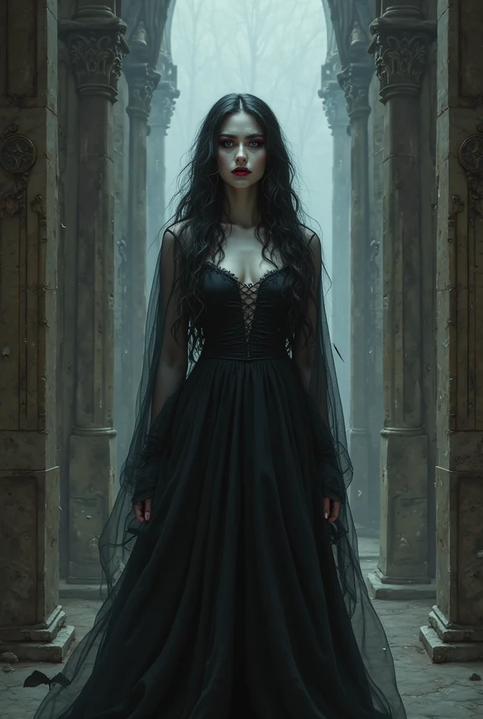a demon noble princess who has long black hair and white horns, she wears a black dress on her white skin and she also wears heels combined with black and red. 