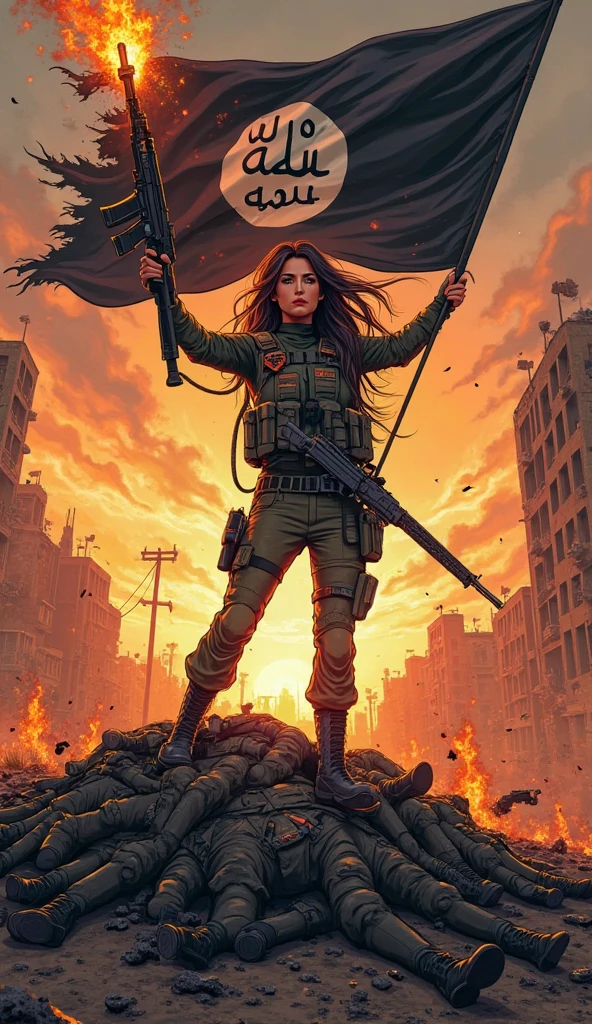 TheRPGCharGenEsAFArt ((warrior punk girl and man)) standing n a destroyed tank, rising out of the smoke destroyed, in the far distance ((sci-fi skyline))