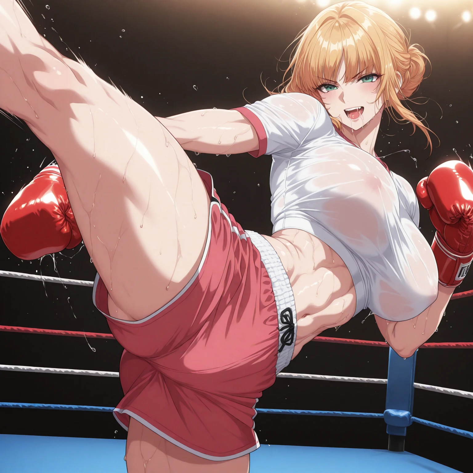 ((((masterpiece, best quality, high resolution)))), Extremely detailed 8K, 1 female, wearing a white Karate gi, (ahegao),white eyes, Small breasts,full body, kneeling, tired, (muscle:1.4), japanese clothes, No underwear,No eyeballs, Facing the audience, looking at the audience, tired, from below, (Exposed armpit:1.1), ((armpit:1.2)), sexy, Sweating, More and more sweat,(ahegao), (Roll your eyes), open mouth, Sticking out tongue, saliva, Slobber,Skinny, raise arms, (arms above head:1.5)(Ultra HD, Ultra-detailed, Highly detailed, Highly realistic, Ultra-realistic, photograph realistic), (1girl:1.5), (Realistic yellow hair), (dynamic poses), facing at camera, looking at viewer, (slightly serious face),(red eyes, sharp eyes), (perky breasts:1.2), (beautiful detailed face, beautiful detailed eyes), ((worn out karate gi)), (preparing for a fight), sweat, glow, (sunbeam, sunlight), ((cowboy shot)), inside a training gym, seductive, EnvyBetterHands LoCon.