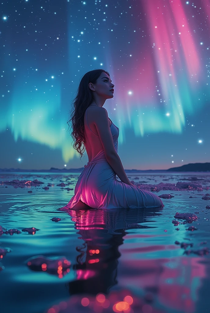 Sky Aurora, black long hair, beautiful woman in her 20s, glamorous body, big breasts, wearing a pink mesh long dress. Standing barefoot. Looking at the Aurora