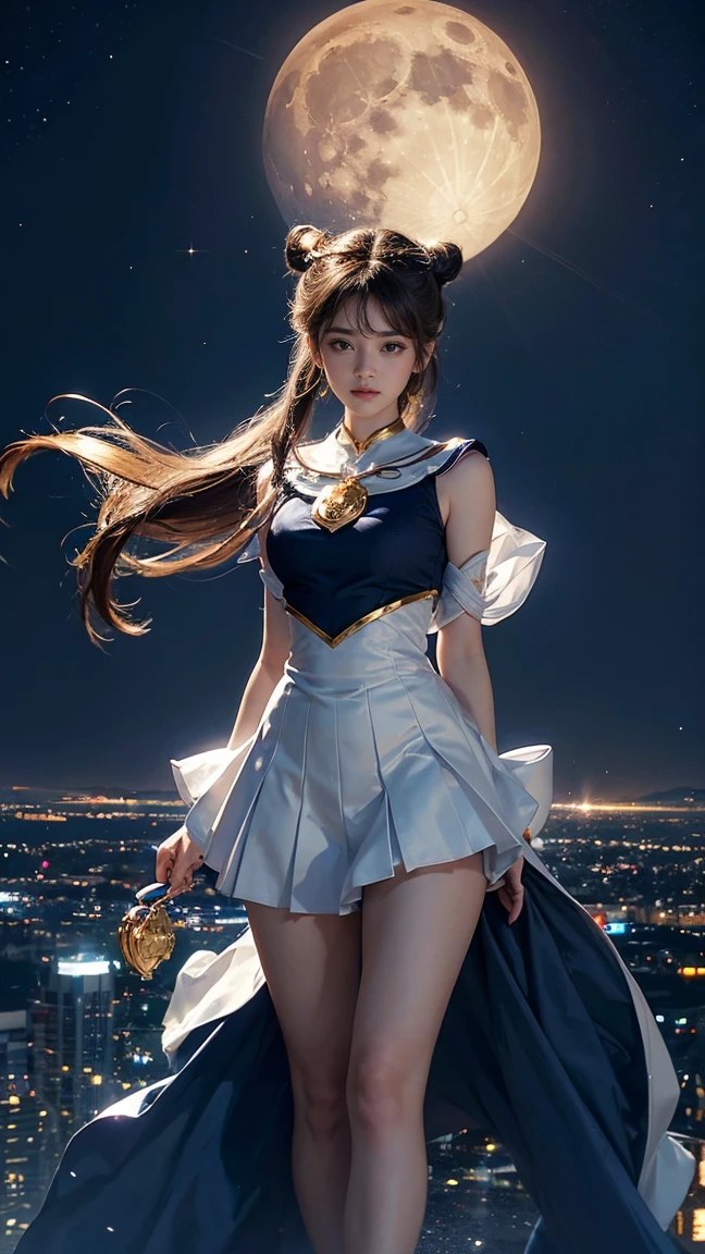 A beautiful girl wearing a Sailormoon suit, and controlling a Spaceship console with retro buttons, with her flying robot, central control, gaming style, joystick, Nintendo, 80s galaxy, DJ booth, Harajuku, Mars, curved middle hair, star war, masterpiece